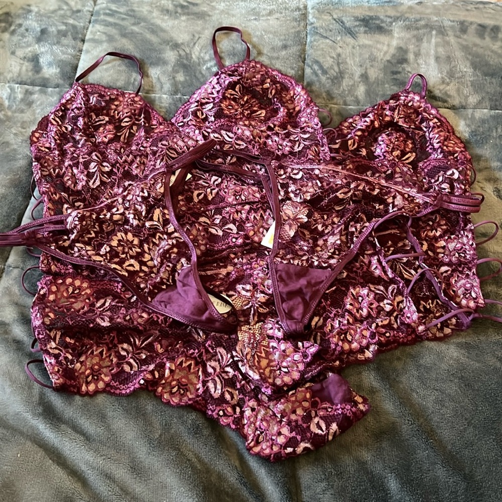 A.C.T. International LOT Maroon and cream lace lingerie.Tops 3X panty 9, 10, 12